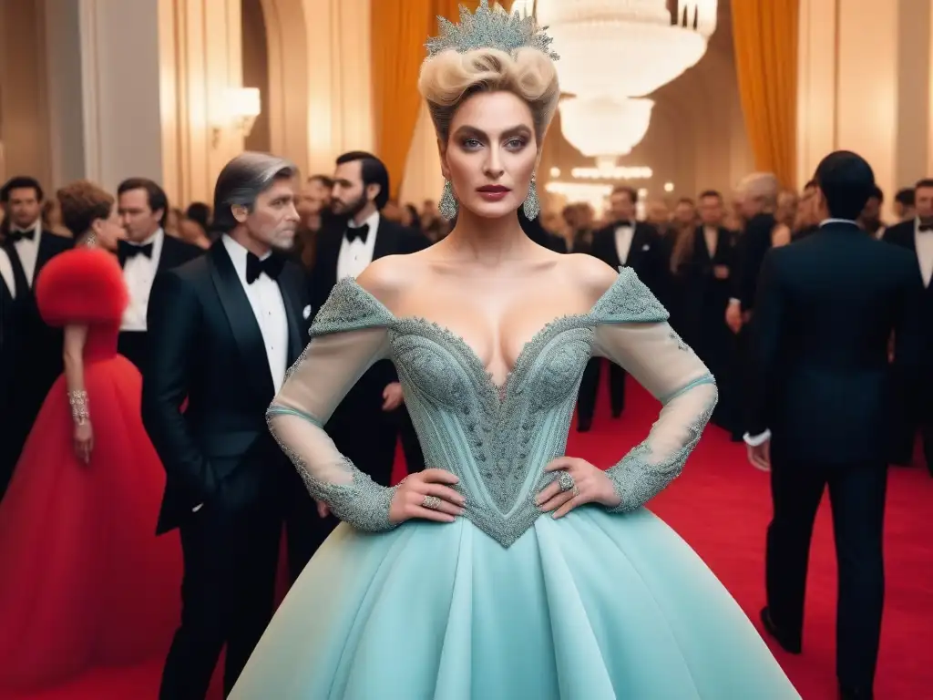 Met Gala de los 80: Glamour y Vanguardia con Celebridades Icónicas Deslumbrante Met Gala años 80 moda: celebridades con atuendos extravagantes bajo candelabros en un lujoso salón decorado opulentamente