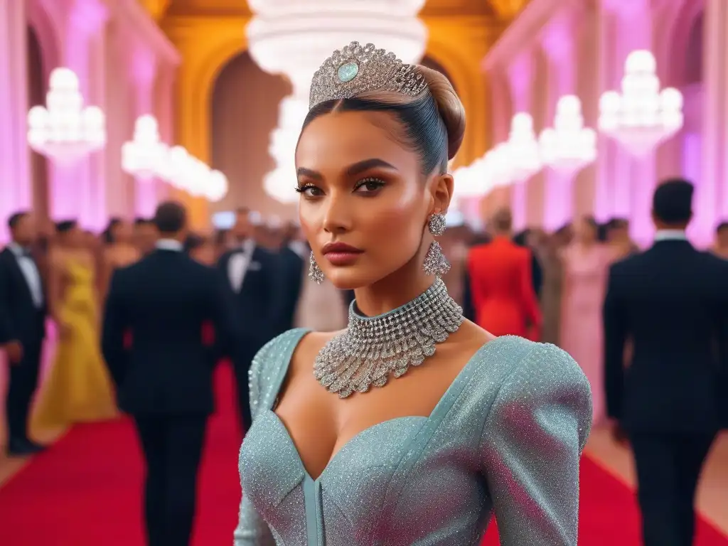 Deslumbrante Gala Met de los 80: moda icónica en un ambiente opulento Deslumbrante Met Gala con moda retro años 80 en lujoso salón decorado, figuras icónicas de la moda se mezclan bajo candelabros brillantes