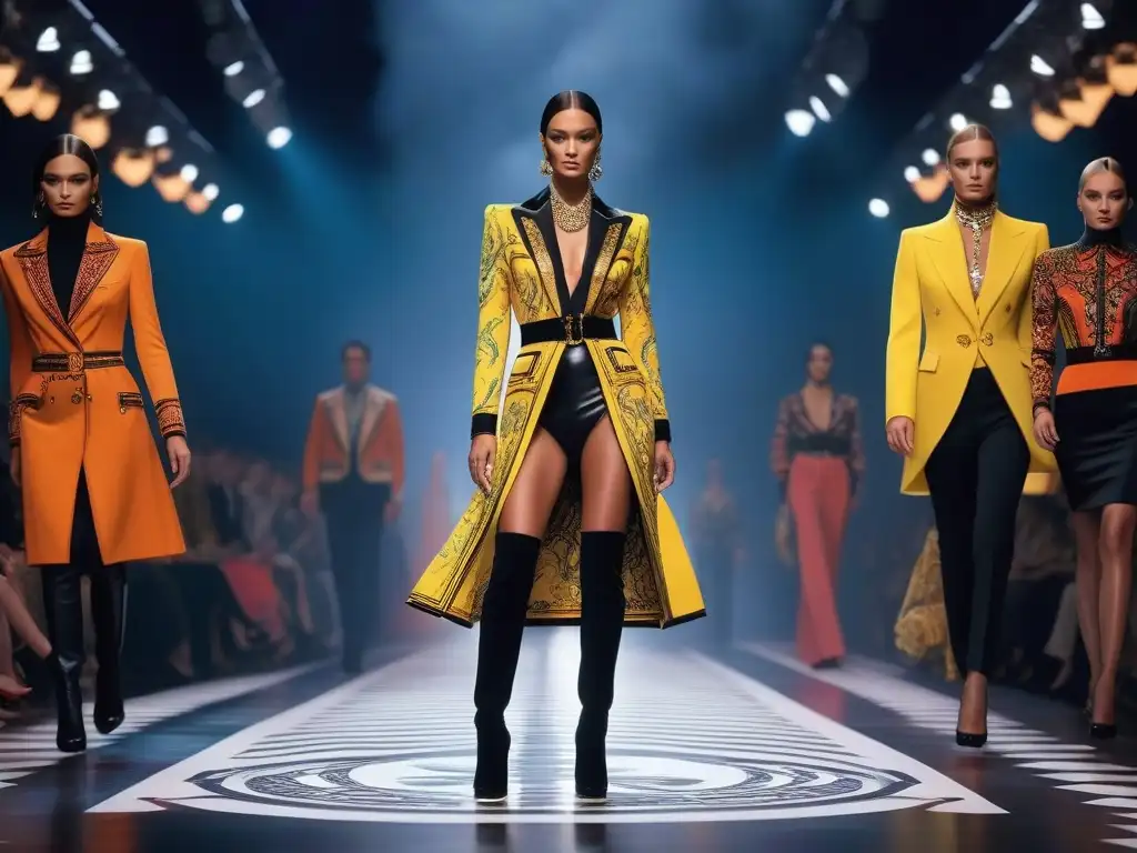 Desfile Versace 1970s: Elegancia y audacia en la pasarela Deslumbrante pasarela de Versace en los años 70 con moda icónica y extravagante