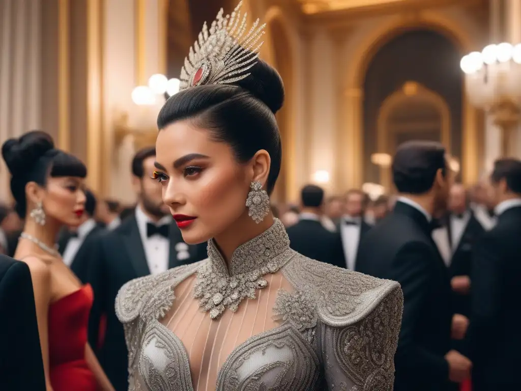 Época glamurosa: Celebridades del Met Gala de los 80 Un deslumbrante retrato detallado de asistentes icónicos de los años 80 en el Met Gala, con moda extravagante y opulenta