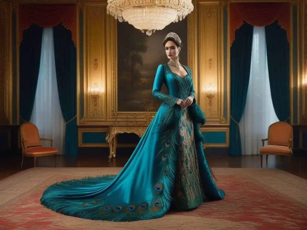 Vestido de lujo de 1910: opulencia y glamour Deslumbrante vestido de alta costura de 1910 con materiales exóticos en lujoso salón dorado