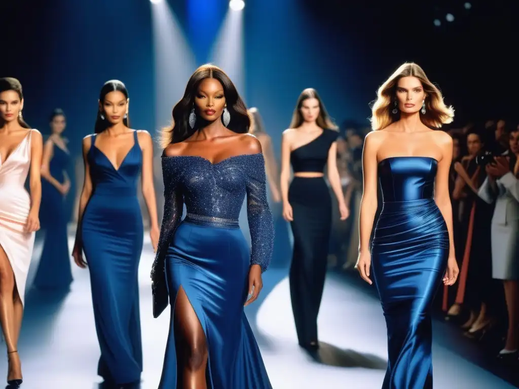Desfile de moda histórico con supermodelos de los 90 Deslumbrantes supermodelos de la moda retro años 90 desfilan con elegancia en la pasarela