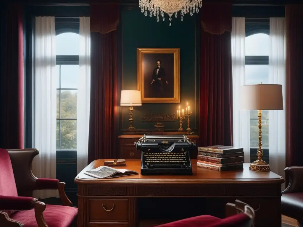 Oficina de lujo estilo retro con detalles exquisitos Un despacho de lujo retro con muebles vintage, libros y revistas de moda, iluminado por una cálida lámpara de cristal