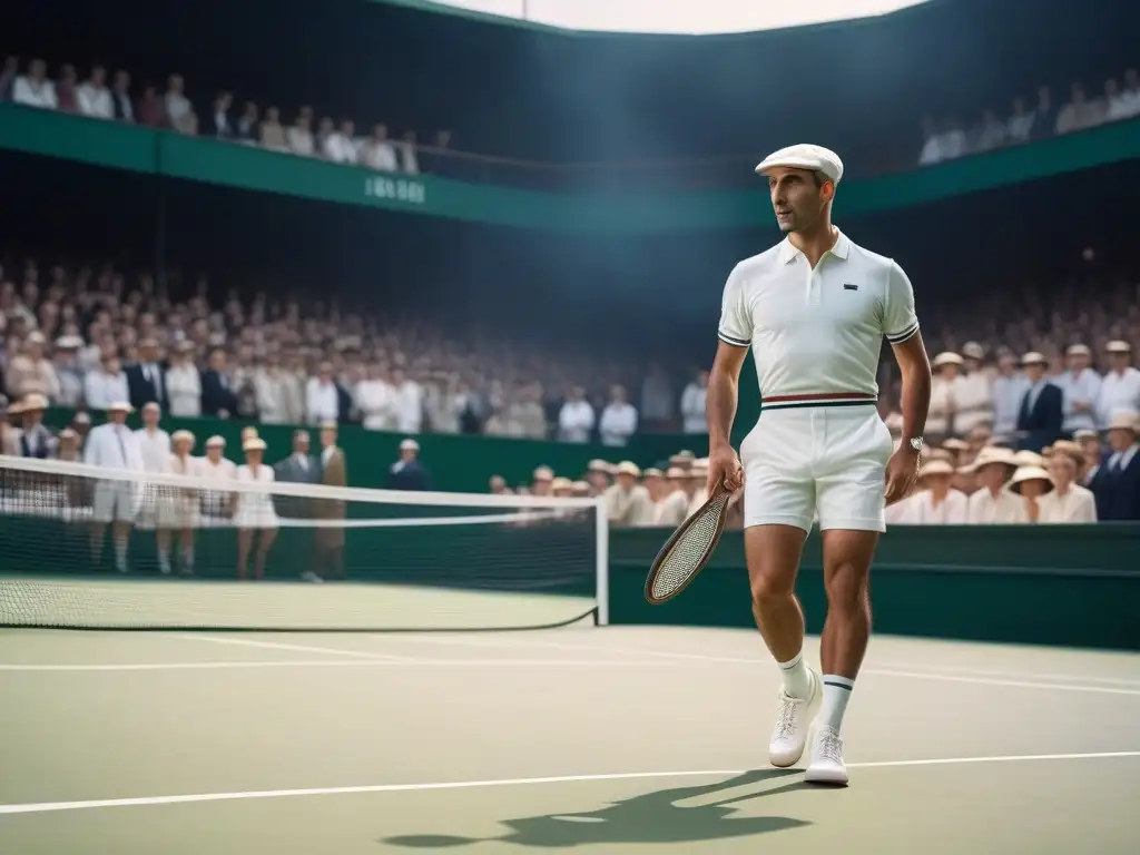 Ilustración realista de René Lacoste en los años 20, con outfit icónico de tenis Ilustración detallada de René Lacoste en los años 20, vistiendo su icónico atuendo tenístico en una cancha vintage con espectadores, evocando la moda deportiva retro René Lacoste