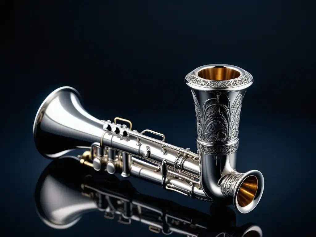 Detallada boquilla de trompeta plateada con grabados, sobre terciopelo oscuro, evocando la elegancia y sofisticación de la era del jazz