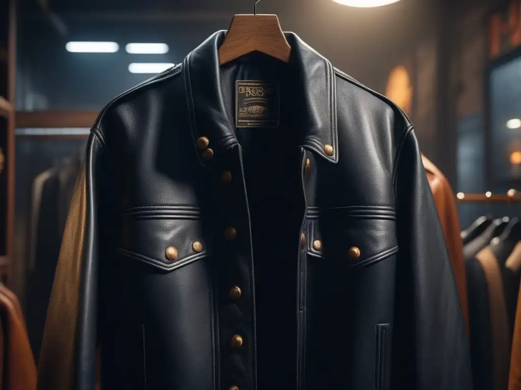 Detallada chaqueta de cuero retro 80s en una tienda vintage iluminada, con desgaste, parches y botones retro