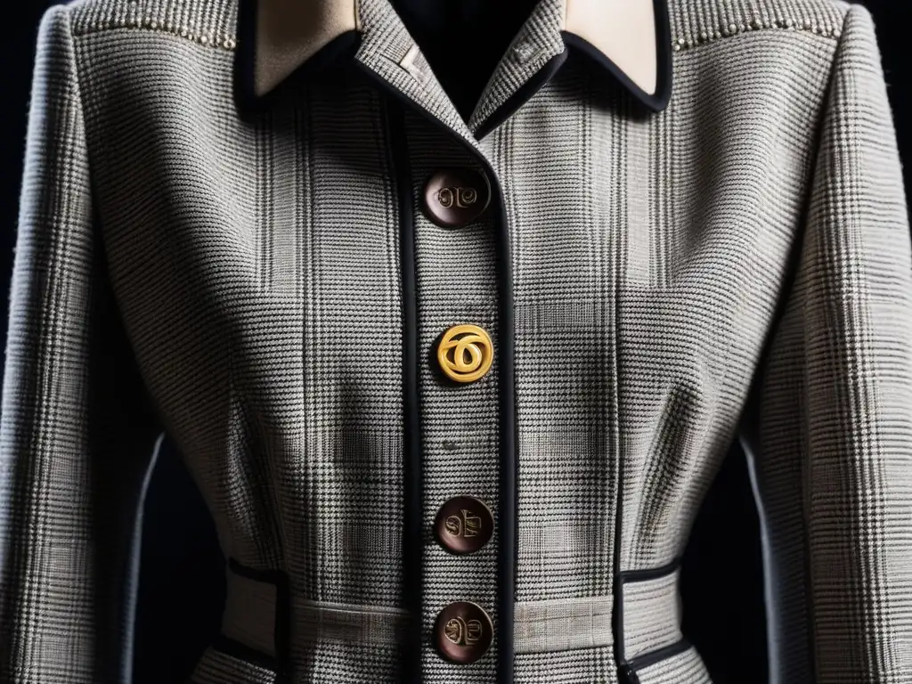 Chaqueta Chanel Tweed 1960: detalle y elegancia Detallada imagen de una chaqueta Chanel vintage de los 60, exhibida en estuche de terciopelo bajo luz suave