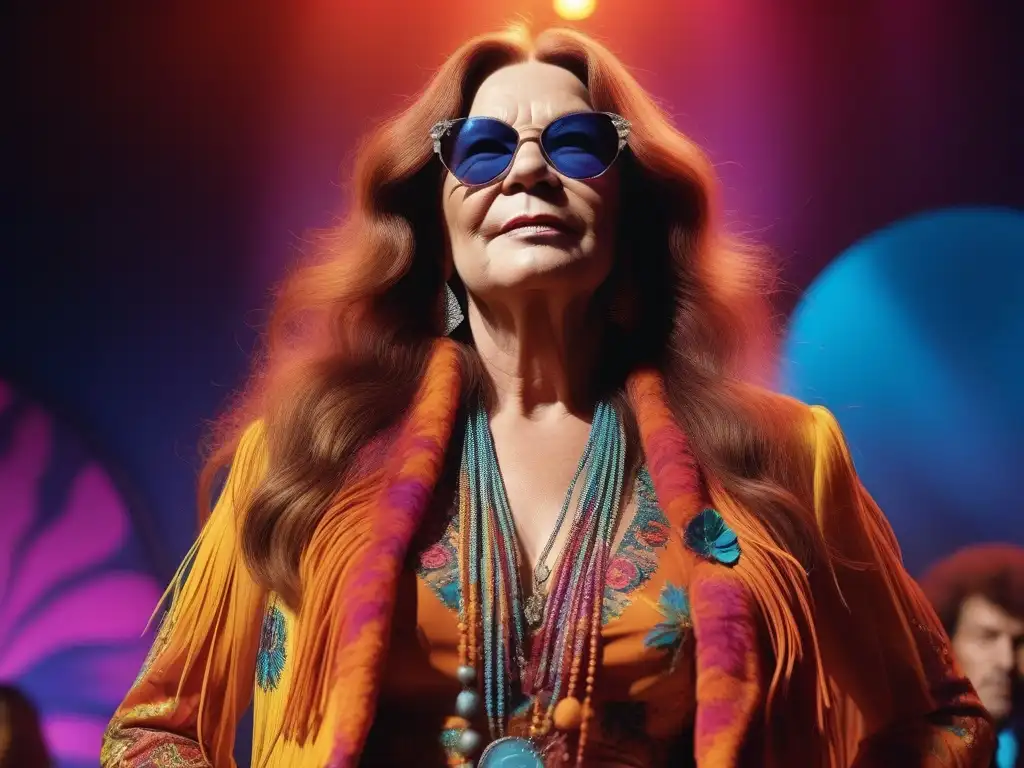 Janis Joplin: Reina del Psicodelia en Escena Ilustración detallada de Janis Joplin en un escenario con moda psicodélica retro, capturando la esencia de los 60