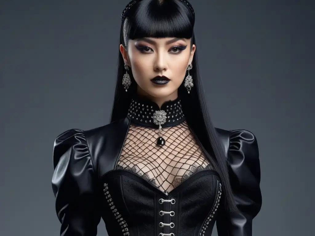 Evolución de la moda gótica: de lo victoriano a lo moderno Ilustración detallada de la evolución de la moda gótica del siglo XX, desde influencias victorianas hasta estilos punk, cyber y modernos