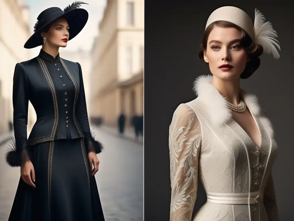 Comparación épocas: Belle Époque vs Comparación detallada de silueta femenina moda retro siglo XX: opulencia clásica vs