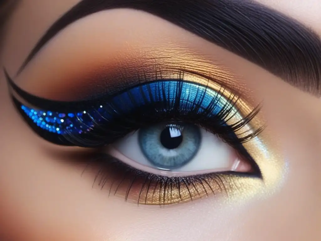 Maquillaje de ojos estilo 70s detallado Detallado ojo maquillado al estilo de los años 70 con delineado de alas, sombra azul vibrante y pestañas dramáticas