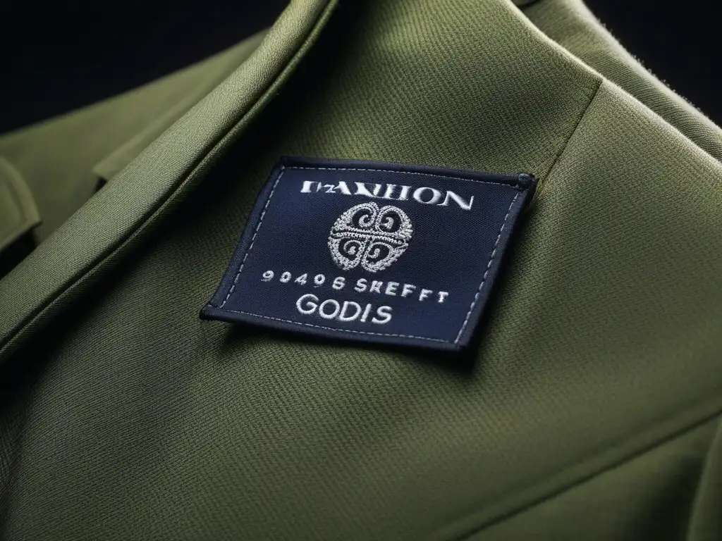 Detalles de autenticidad: RFID integrado en chaqueta vintage Detalle de etiqueta RFID integrada en chaqueta vintage, fusionando tecnología y moda artesanal para combatir falsificaciones