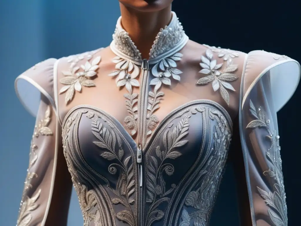 Detalle excepcional del vestido de alta costura Alexander McQueen moda retro siglo XX, destacando su sofisticación