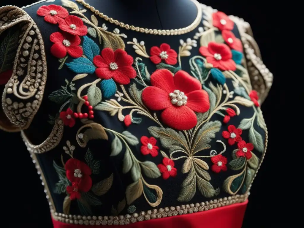 Detalle de un exquisito vestido rojo de alta costura de Valentino de los años 80, con bordados florales y capas de chiffon, en elegante maniquí