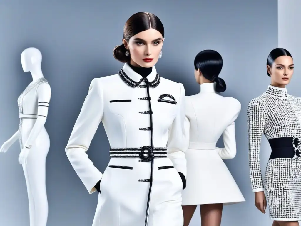 Revolución de la moda: Chanel y Courrèges en el siglo XX Detalle fotorealista de Coco Chanel y André Courrèges, figuras clave en la revolución materiales moda siglo XX, uniendo clásico y futurismo