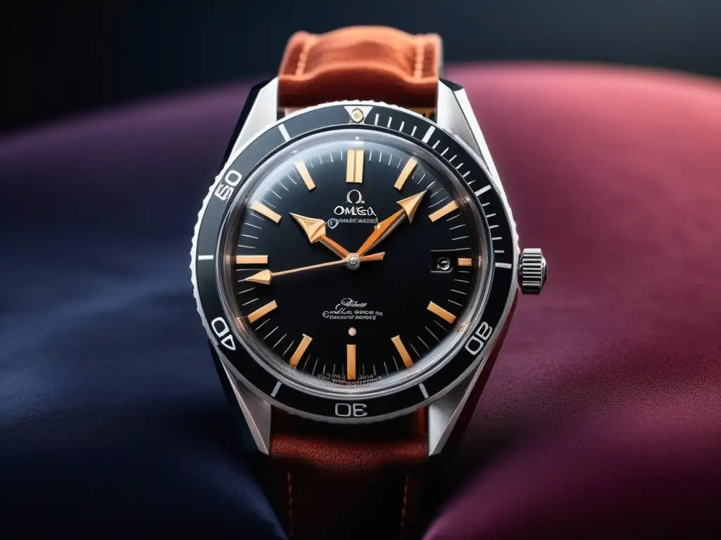 Omega Seamaster 1970: Elegancia atemporal en detalle Detalle fotorealista de un Omega Seamaster vintage del 1970, en un cojín de terciopelo