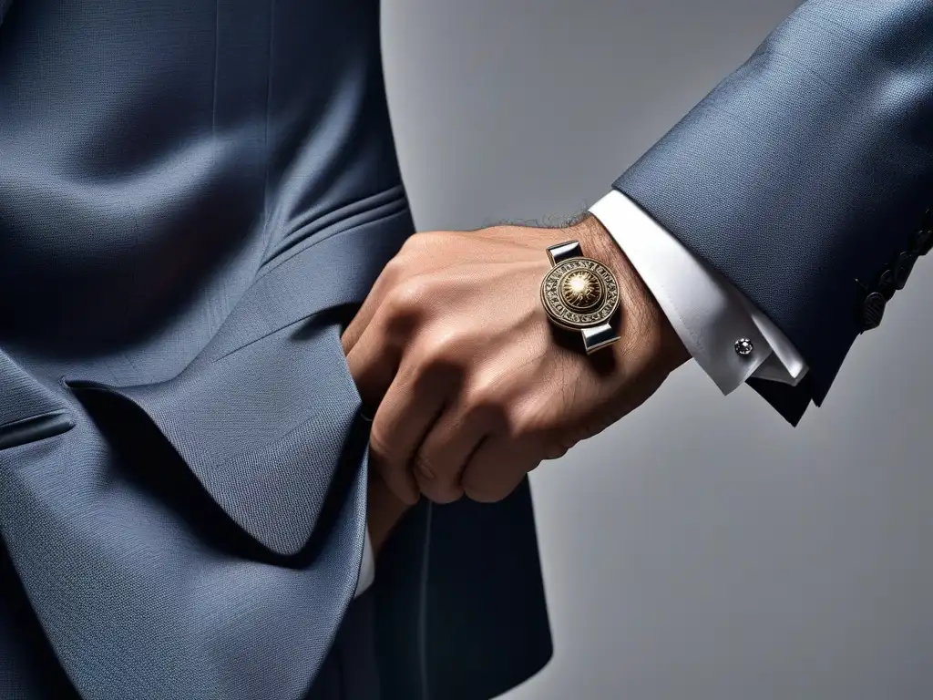 Cufflink retro: detalle de elegancia vintage Detalle de gemelos retro en traje clásico de los años 50, historia gemelos moda retro masculina