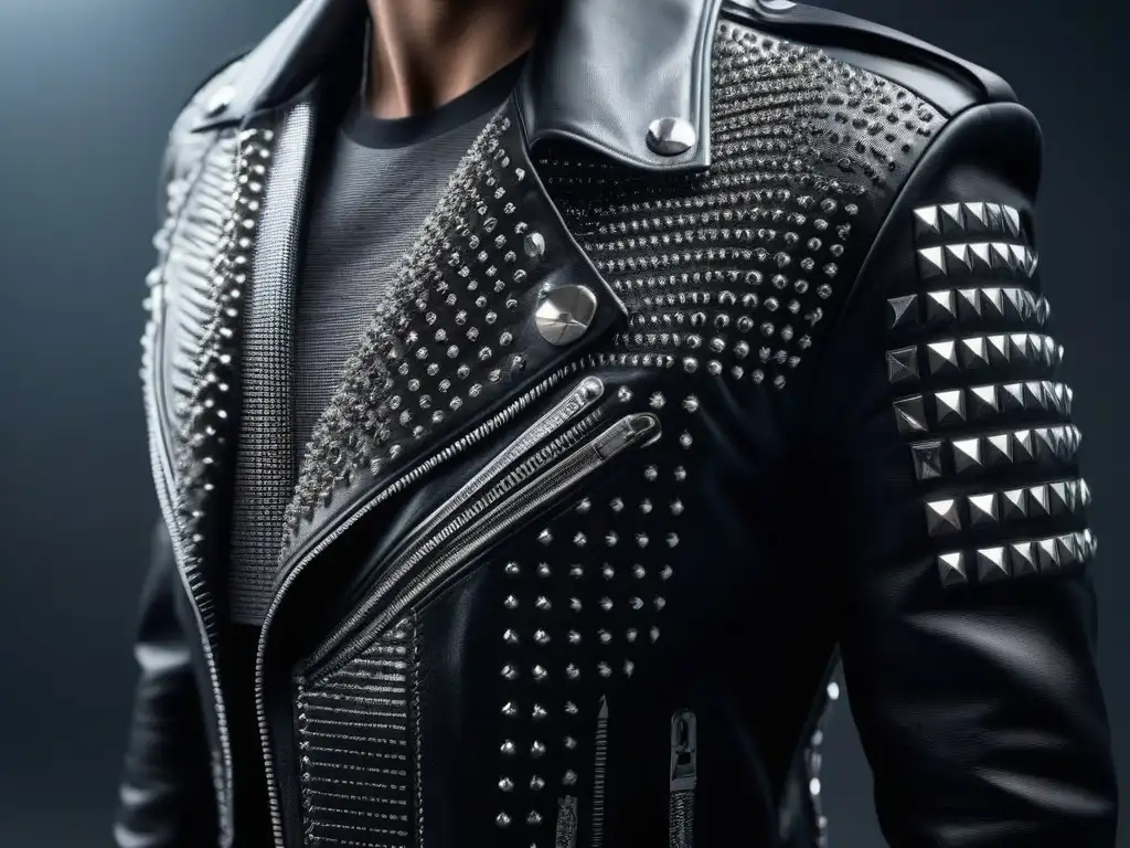 Chaqueta de cuero negra con tachuelas y picos: detallada y rebelde Detalle impresionante de una chamarra de cuero negro con tachuelas y picos plateados