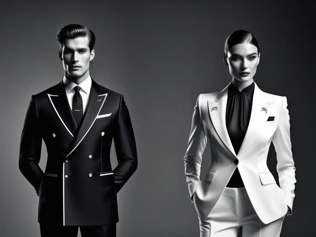 Duelo de trajes icónicos: Armani vs Detalle de dos maniquíes luciendo trajes retro siglo XX, Armani y YSL, elegancia y sofisticación contrastadas