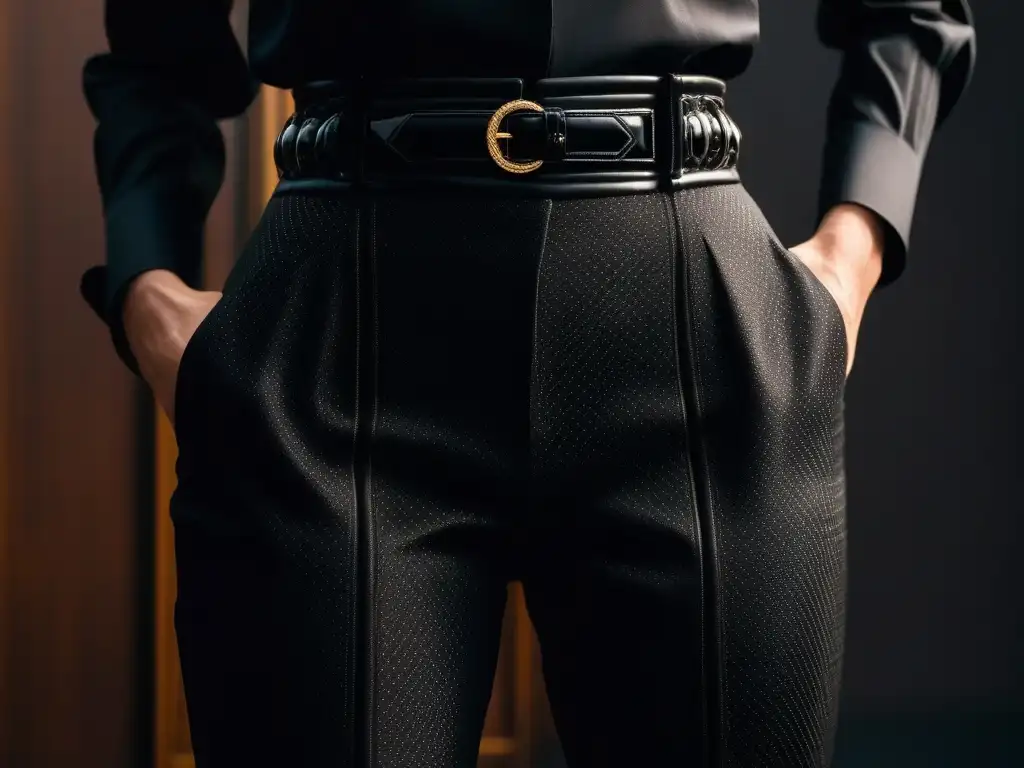 Detalle ultrarrealista de los icónicos pantalones 'Bumster' de Alexander McQueen en negro, resaltando la moda retro siglo XX