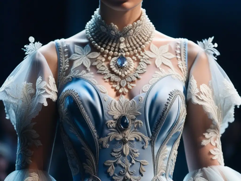 Detalle de un vestido Alexander McQueen retro siglo XX, con bordados y encajes intrincados
