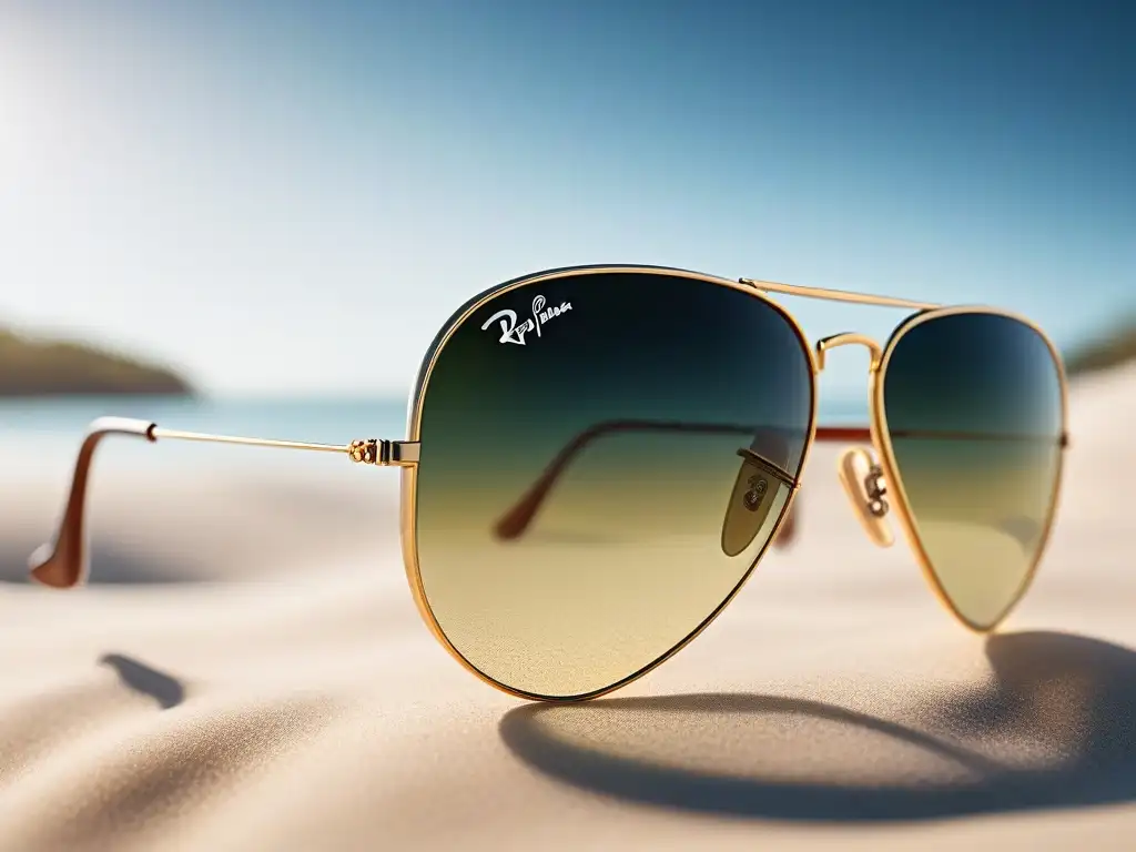 Detalles dorados y elegancia atemporal de unas gafas de sol vintage RayBan Aviator en la playa, una inversión retro