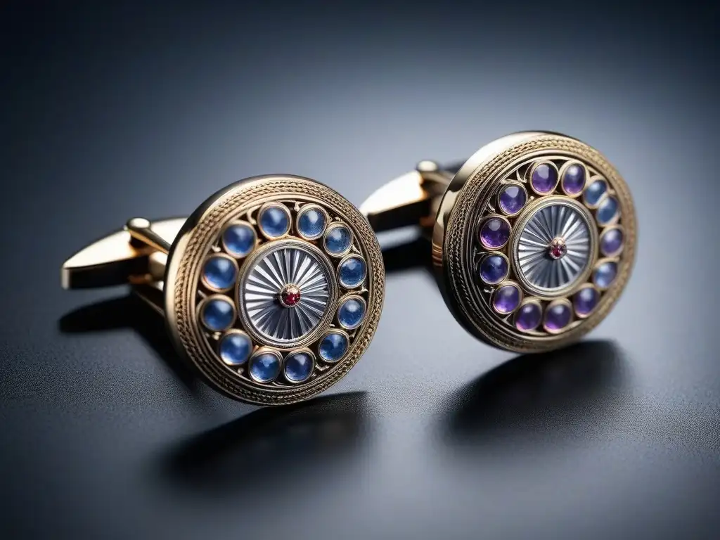 Cufflinks vintage de plata con gemas y grabados geométricos Detalles de gemelos vintage de plata con gemas y patrones geométricos