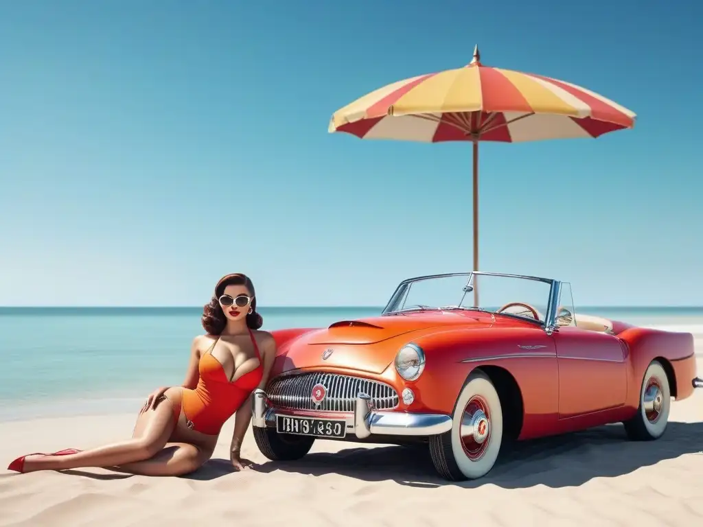 Playas retro de los años 50: bikinis y glamour vintage Un día soleado en la playa de los años 50, mujeres en bikinis retro bajo sombrillas coloridas, un escenario de historia del bikini moda retro
