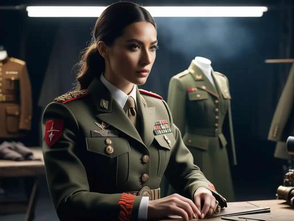 Moda sostenible: Transformando armas en estilo Un diseñador de moda en su estudio transforma uniformes y armas militares en prendas sostenibles y elegantes