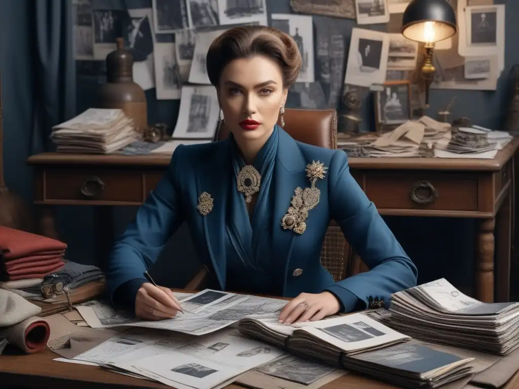 Diseñador de moda inspirado en guerras mundiales para moda sostenible Un diseñador de moda inmerso en la creación de moda sostenible tras guerras mundiales, rodeado de bocetos e inspiración vintage