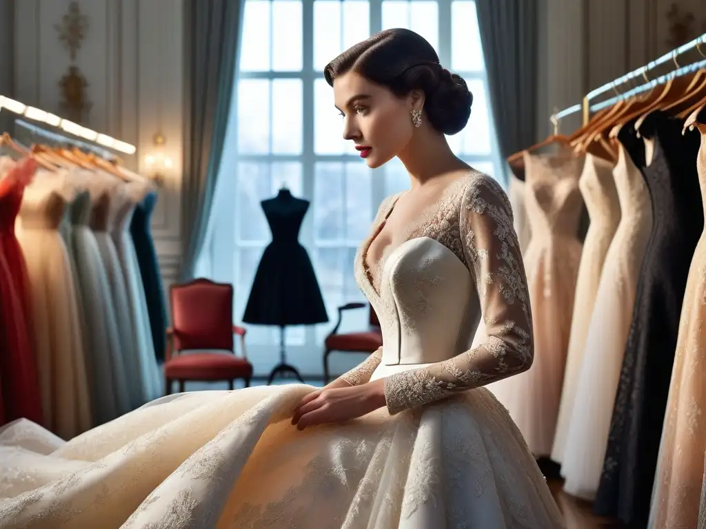 Una diseñadora de moda retro examina con detenimiento un vestido de encaje vintage, rodeada de piezas únicas