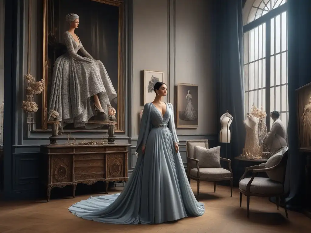 Madame Grès: Pionera de la moda en su atelier Madame Grès, diseñadora de moda pionera en los años 1910, en su atelier rodeada de lujosos tejidos y bocetos, exudando creatividad y misterio