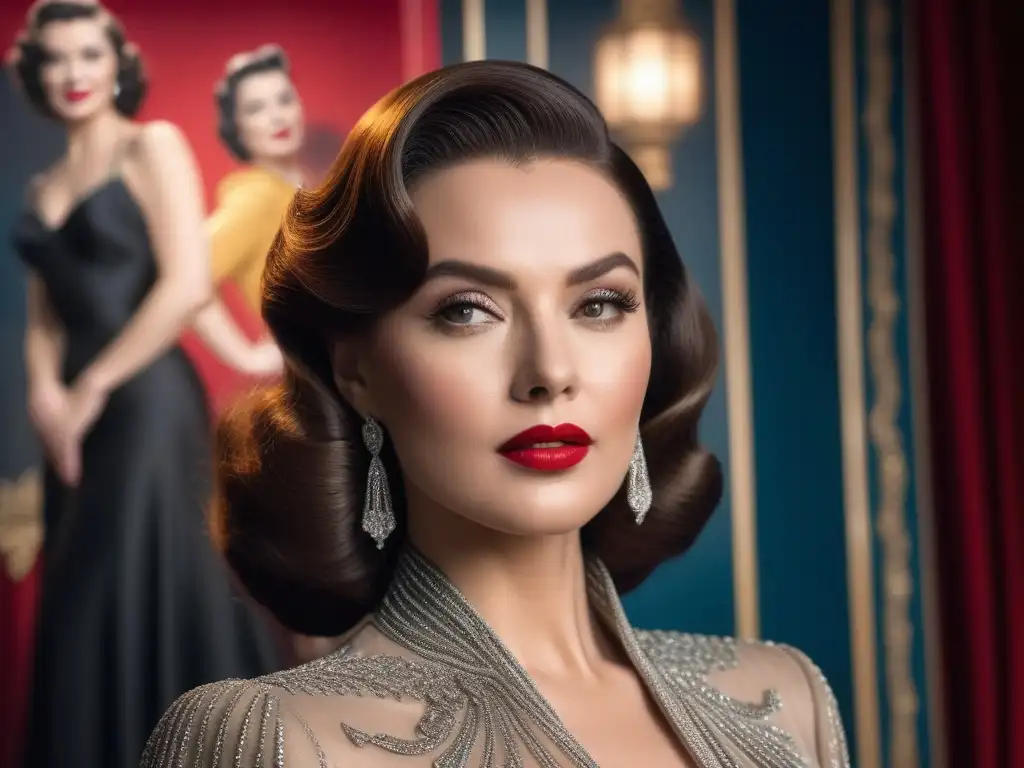 Actriz de Hollywood de los 40s en vestido retro glamuroso Una diva del cine de los años 40, con un elegante vestido retro, posa frente a un póster vintage