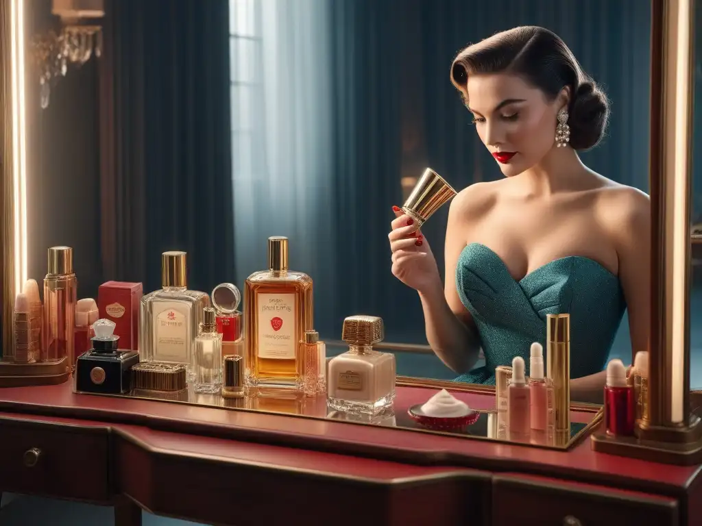 Belleza atemporal: Estrella de Hollywood de los 50 aplicando crema Divina diva de los años 50 aplicando lujosa crema en su tocador vintage