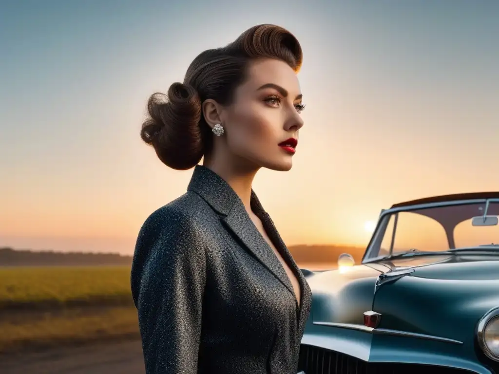 Editorial de moda retro: glamour de los años 50 con atardecer vintage Editorial de moda con estilos icónicos de los años 50 en un atardecer escénico junto a un auto vintage