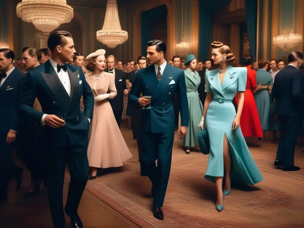 Moda vintage en glamour de los 40: Evento de moda vibrante Elegancia y glamour en eventos moda años 40 influencia, con deslumbrantes desfiles y conversaciones animadas
