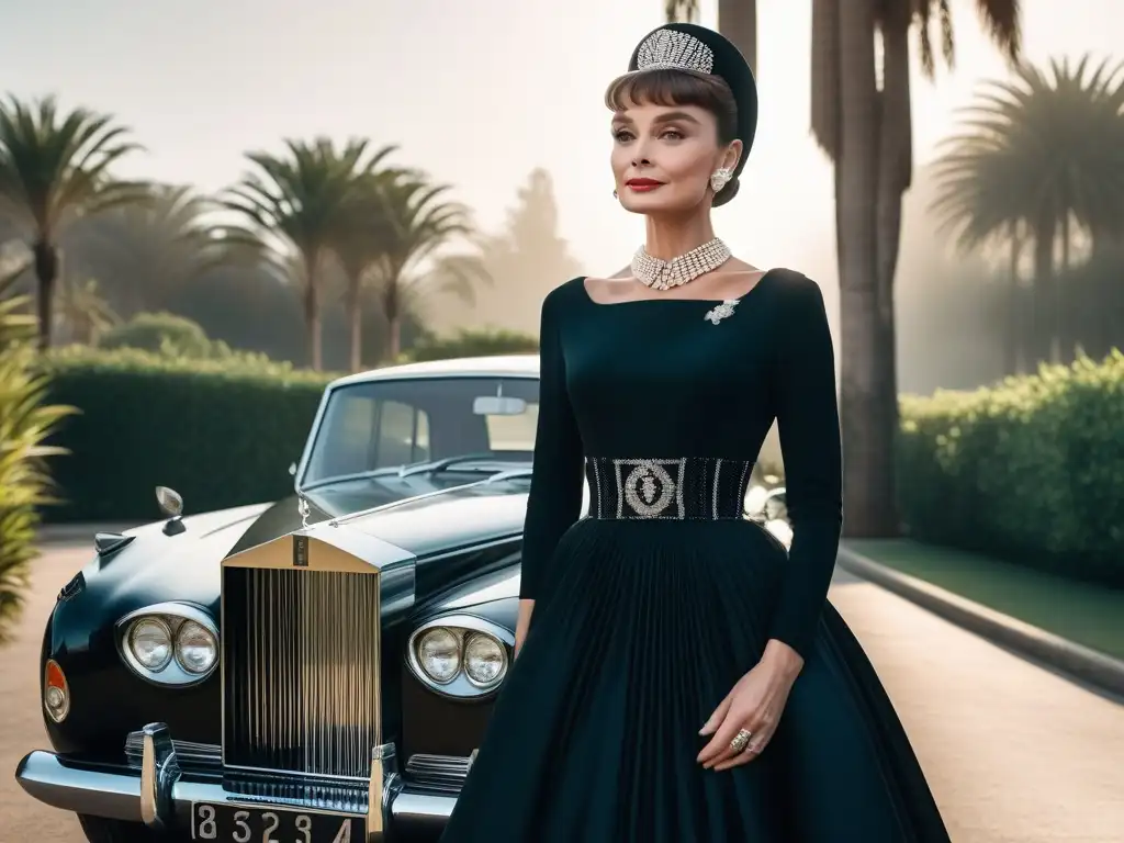 Audrey Hepburn: Elegancia atemporal junto a un Rolls Royce vintage Elegancia y glamour retro: Audrey Hepburn con vestido negro clásico de Givenchy junto a un Rolls Royce vintage, influencia estrellas cine moda retro