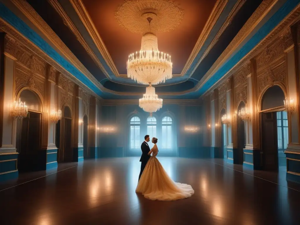 Baile de época en salón lujoso con glamour histórico Un elegante baile de época en un lujoso salón con moda retro