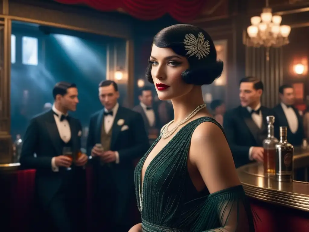Bar clandestino de los años 20: misterio y elegancia Un elegante bar clandestino de los años 20 con moda nocturna influencia, ambiente ahumado y decoración art déco