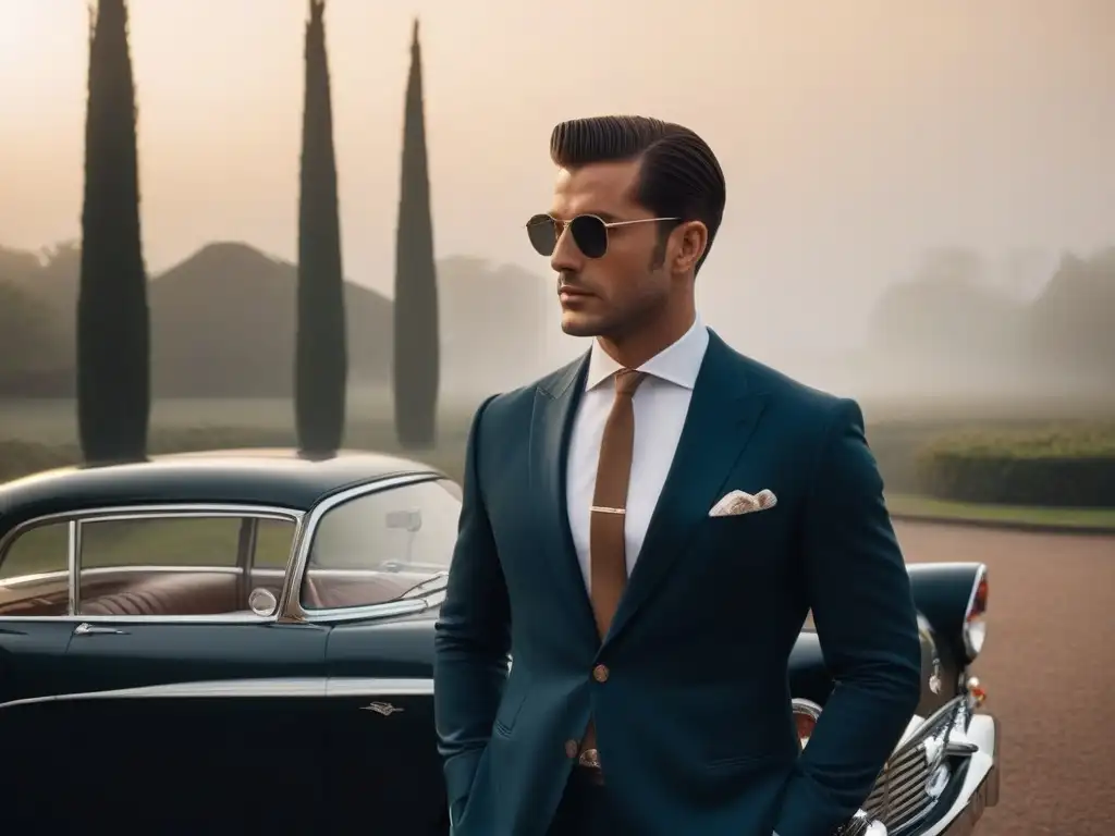 Estilo vintage: Gemelos retro en traje de los años 50 Un elegante caballero con gemelos vintage de coches clásicos, vinilos y cámaras antiguas, en un ambiente retro