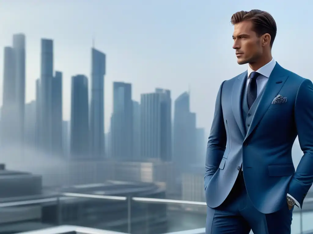 Elegancia atemporal: Traje Hugo Boss en 8K Un elegante caballero en traje Hugo Boss destila estilo y confianza frente a una ciudad moderna