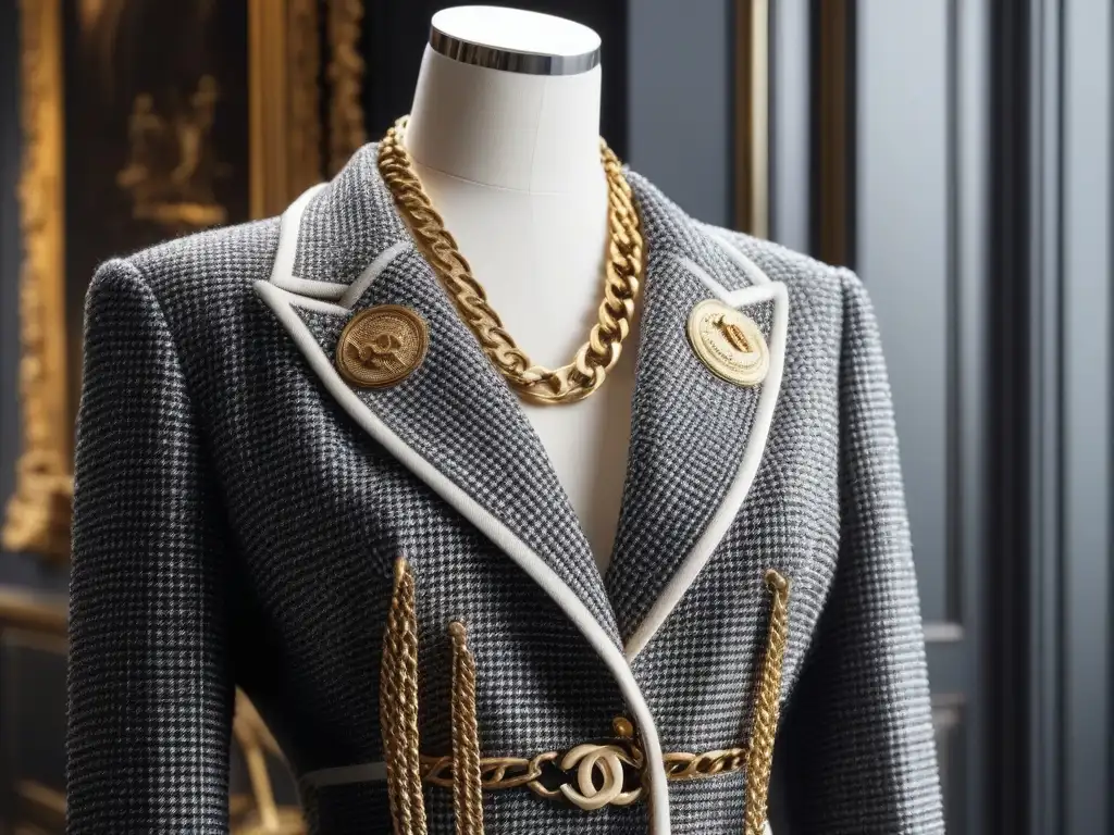 Chaqueta Chanel tweed vintage: elegancia atemporal en París Una elegante chaqueta vintage de Chanel con detalles en cadena dorada, exhibida en un maniquí en un apartamento parisino