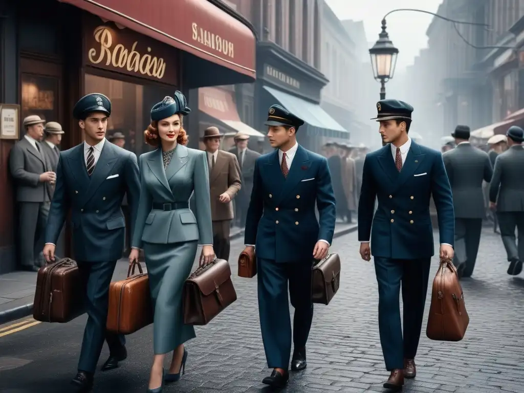 Escena callejera de los años 40: moda vintage y estilo en la ciudad Elegante escena urbana de moda retro años 40 transformación con hombres y mujeres en atuendos vintage de la época
