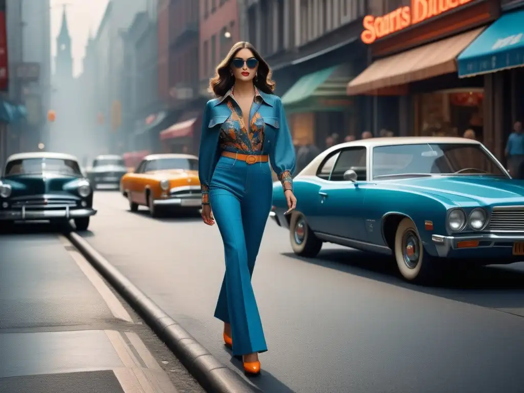 Estilo retro urbano: ilustración detallada de moda vintage Un elegante individuo camina por una bulliciosa calle de la ciudad, luciendo un conjunto chic inspirado en la moda retro de los años 70 integrada