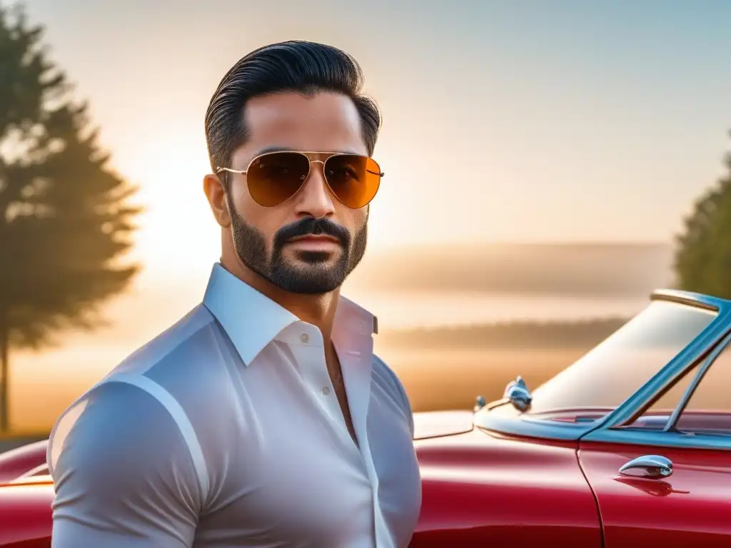Un elegante individuo con gafas de sol vintage retro, junto a un coche clásico bajo la luz dorada del sol