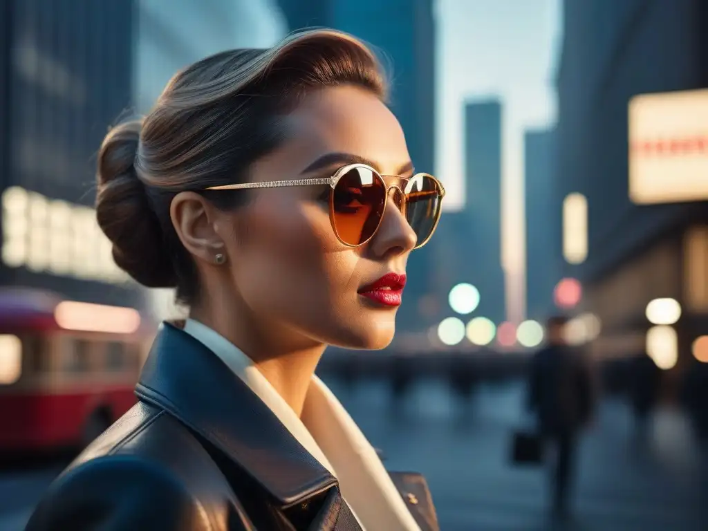 Un elegante individuo con gafas de sol vintage retro en una ciudad moderna y nostálgica