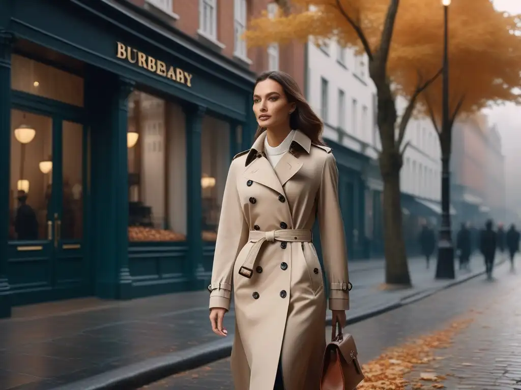 Modelo con trench Burberry en calle vintage Un elegante modelo lleva un trench coat Burberry en una calle vintage con faroles y hojas otoñales, reflejando moda retro y lujo sostenible