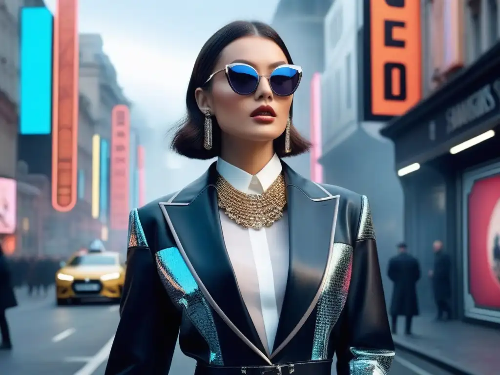 Moda futurista con toque retro: el futuro de la publicidad fashion Un elegante modelo en un paisaje futurista, fusionando elementos retro y modernos