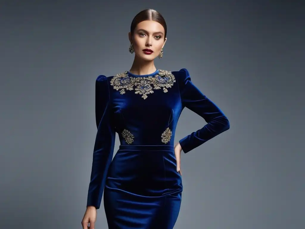 Modelo en vestido vintage de terciopelo azul de Saint Laurent Elegante modelo en vestido de terciopelo azul de los años 80, irradiando sofisticación y confianza