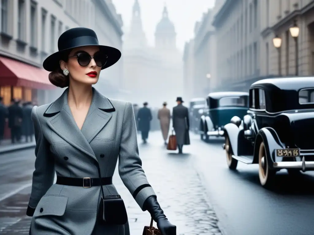 Mujer glamurosa en la ciudad de los años 30: moda cinematográfica retro Una elegante mujer con accesorios cinematográficos de moda retro años 30s camina por la bulliciosa calle de la ciudad